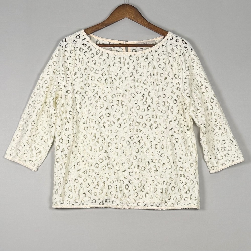 LOFT Lace Blouse Women Large Off-White Excellent 3/4 Sleeve Boat Neck 1006